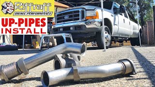 2001 F350 73  RiffRaff UpPipes Install  Stock up pipes leaking and falling apart JUNK SP [upl. by Ennairod773]